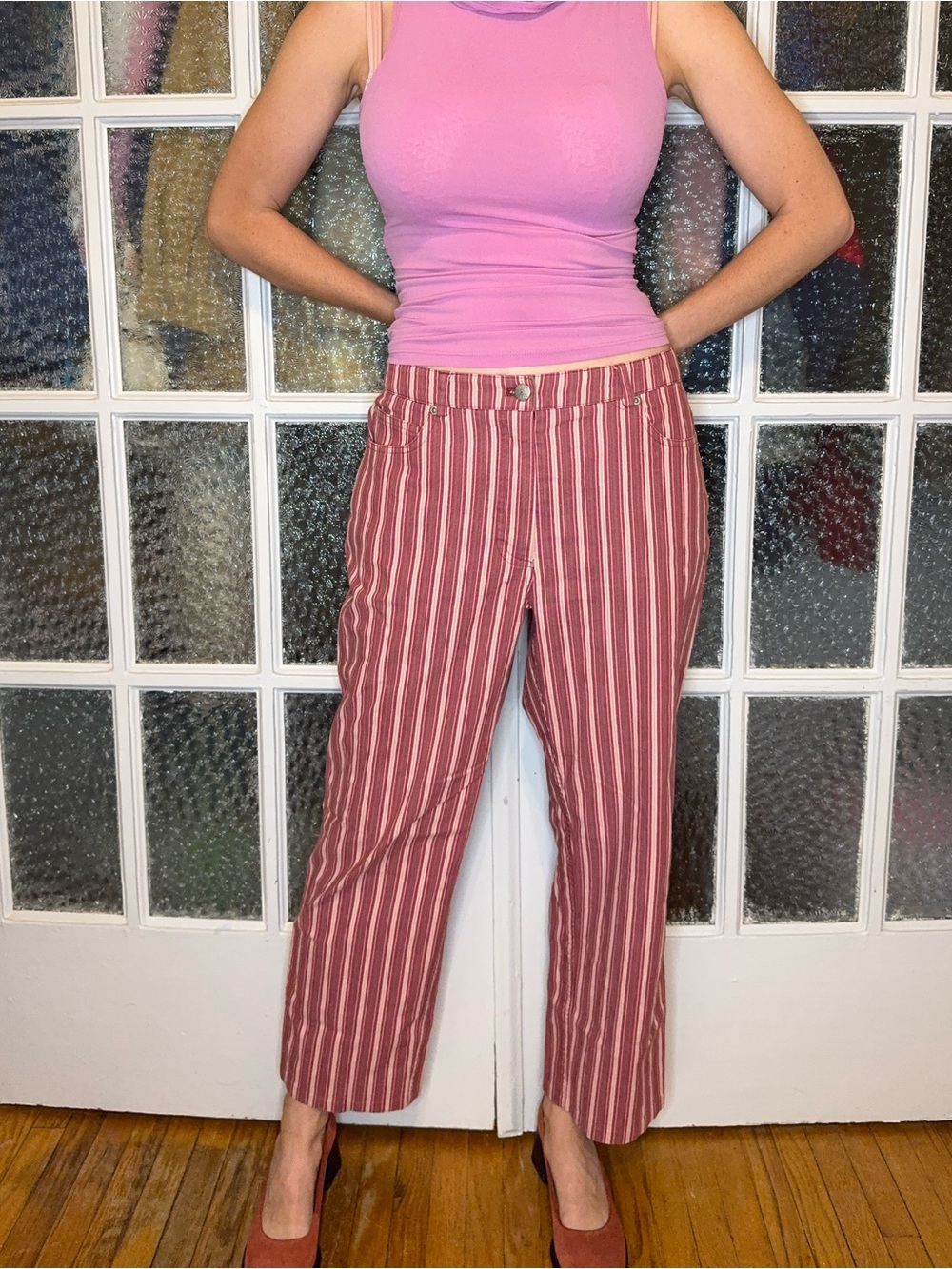 Striped Cropped straight-Leg Pants in Dusty Rose